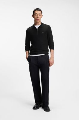 Zip-neck knit polo with stacked logo, Black