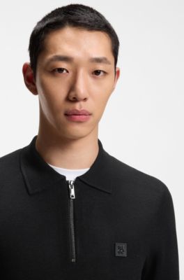 Zip-neck knit polo with stacked logo, Black