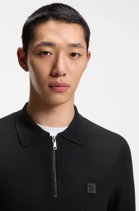 Zip-neck knit polo with stacked logo