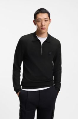 Zip-neck knit polo with stacked logo, Black