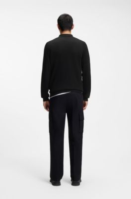 Zip-neck knit polo with stacked logo, Black