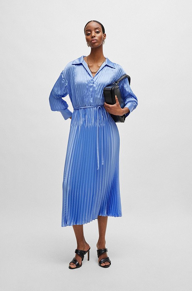 Belt-detail dress with plissé pleats, Light Blue