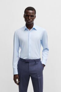 Slim-fit shirt in micro-structured performance-stretch jersey, Light Blue