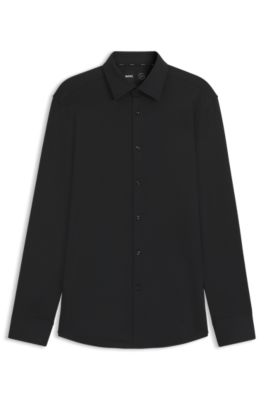 Slim-fit shirt in textured performance-stretch jersey, Black