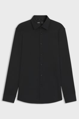 Slim-fit shirt in textured performance-stretch jersey, Black