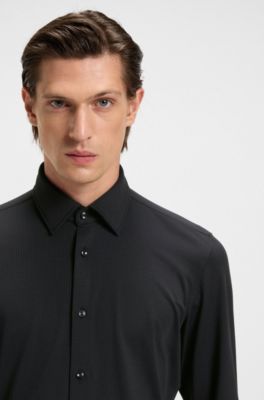 Slim-fit shirt in textured performance-stretch jersey, Black