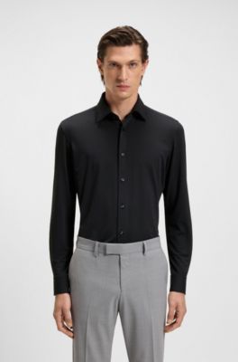 Slim-fit shirt in textured performance-stretch jersey, Black