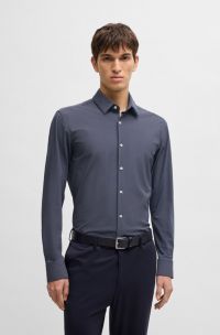 Camisa slim fit de punto elástico técnico con estampado geométrico, Azul estampado