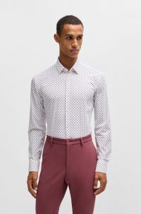 Slim-fit overhemd van hoogwaardige stretchjersey met geometrische print, Wit met dessin