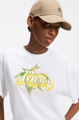 Cotton-twill cap with stacked-logo lettering, Beige