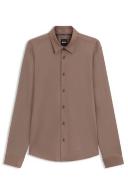 Slim-fit shirt in structured performance-stretch fabric, Brown