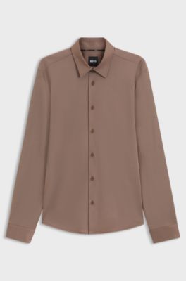 Slim-fit shirt in structured performance-stretch fabric, Brown