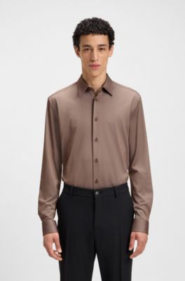 Slim-fit shirt in structured performance-stretch fabric, Brown