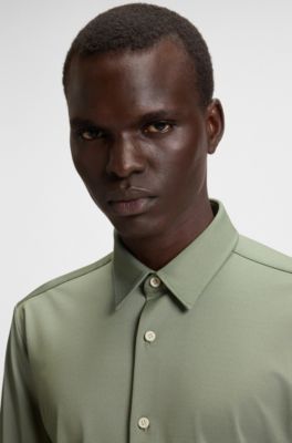 Slim-fit shirt in structured performance-stretch fabric, Green