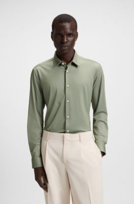 Slim-fit shirt in structured performance-stretch fabric, Green