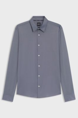 Slim-fit shirt in structured performance-stretch fabric, Dark Blue