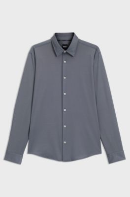 Slim-fit shirt in structured performance-stretch fabric, Dark Blue