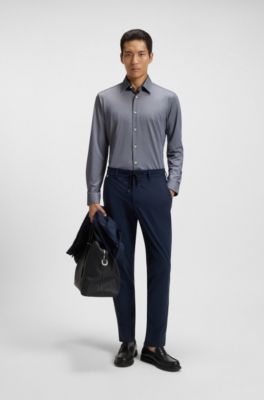 Slim-fit shirt in structured performance-stretch fabric, Dark Blue