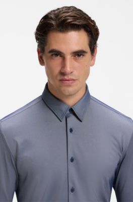 Slim-fit shirt in structured performance-stretch fabric, Dark Blue