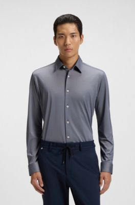 Slim-fit shirt in structured performance-stretch fabric, Dark Blue