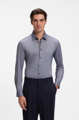 Slim-fit shirt in structured performance-stretch fabric, Dark Blue