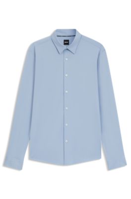 Slim-fit shirt in structured performance-stretch fabric, Light Blue