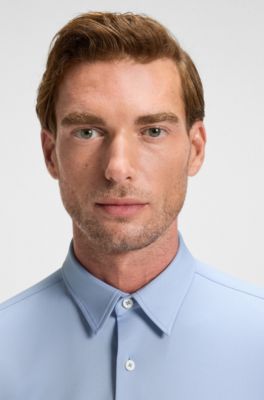 Slim-fit shirt in structured performance-stretch fabric, Light Blue