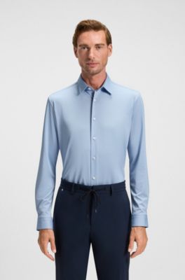 Camicia slim fit in tessuto lavorato elasticizzato ad alte prestazioni, Celeste