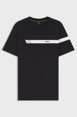 T-shirt regular fit in cotone elasticizzato con riga e logo, Blu scuro