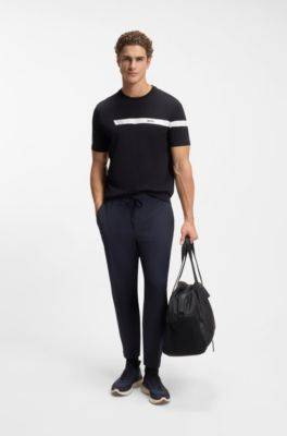 T-shirt regular fit in cotone elasticizzato con riga e logo, Blu scuro