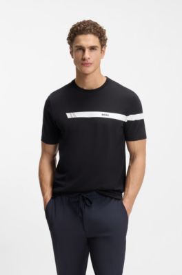T-shirt regular fit in cotone elasticizzato con riga e logo, Blu scuro