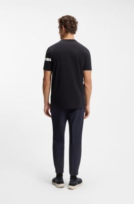 T-shirt regular fit in cotone elasticizzato con riga e logo, Blu scuro