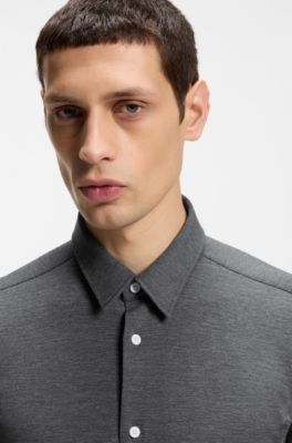 Slim-fit shirt in melange performance-stretch jersey, Light Grey