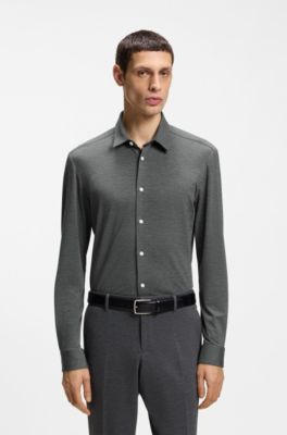 Slim-fit shirt in melange performance-stretch jersey, Light Grey