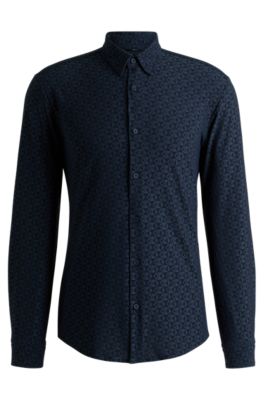 Slim-fit shirt in performance-stretch jacquard, Blue Patterned