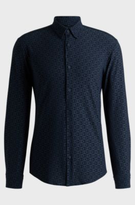 Slim-fit shirt in performance-stretch jacquard, Blue Patterned