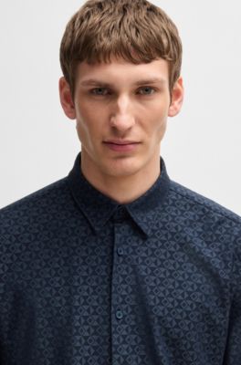 Slim-fit shirt in performance-stretch jacquard, Blue Patterned