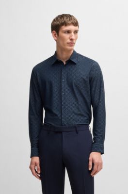 Slim-fit shirt in performance-stretch jacquard, Blue Patterned
