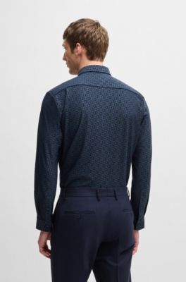 Slim-fit shirt in performance-stretch jacquard, Blue Patterned