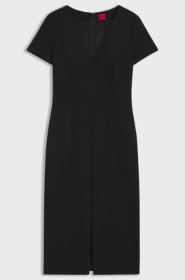 Slim-Fit Midikleid aus Stretch-Gewebe mit V-Ausschnitt, Schwarz