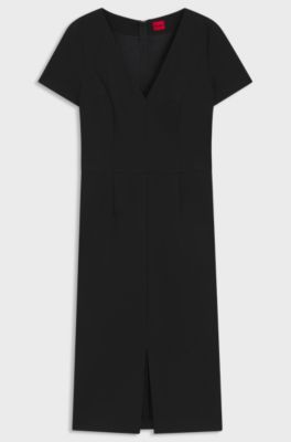 V-neck slim-fit midi dress in stretch fabric, Black