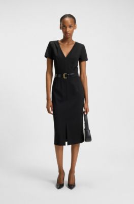 V-neck slim-fit midi dress in stretch fabric, Black