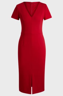 V-neck slim-fit midi dress in stretch fabric, Red