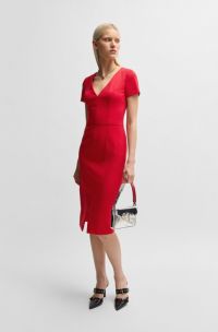 Slim-fit midi-jurk met V-hals van stretchmateriaal, Rood