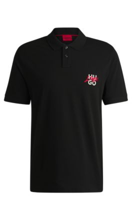 Cotton-piqu&eacute; polo shirt with double logo, Black
