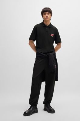 Cotton-piqu&eacute; polo shirt with double logo, Black