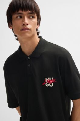 Cotton-piqu&eacute; polo shirt with double logo, Black