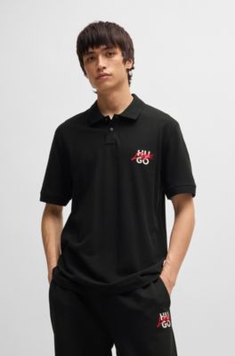 Cotton-piqu&eacute; polo shirt with double logo, Black