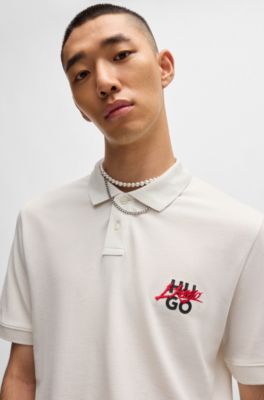 Cotton-piqu&eacute; polo shirt with double logo, White