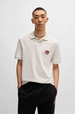 Cotton-piqu&eacute; polo shirt with double logo, White